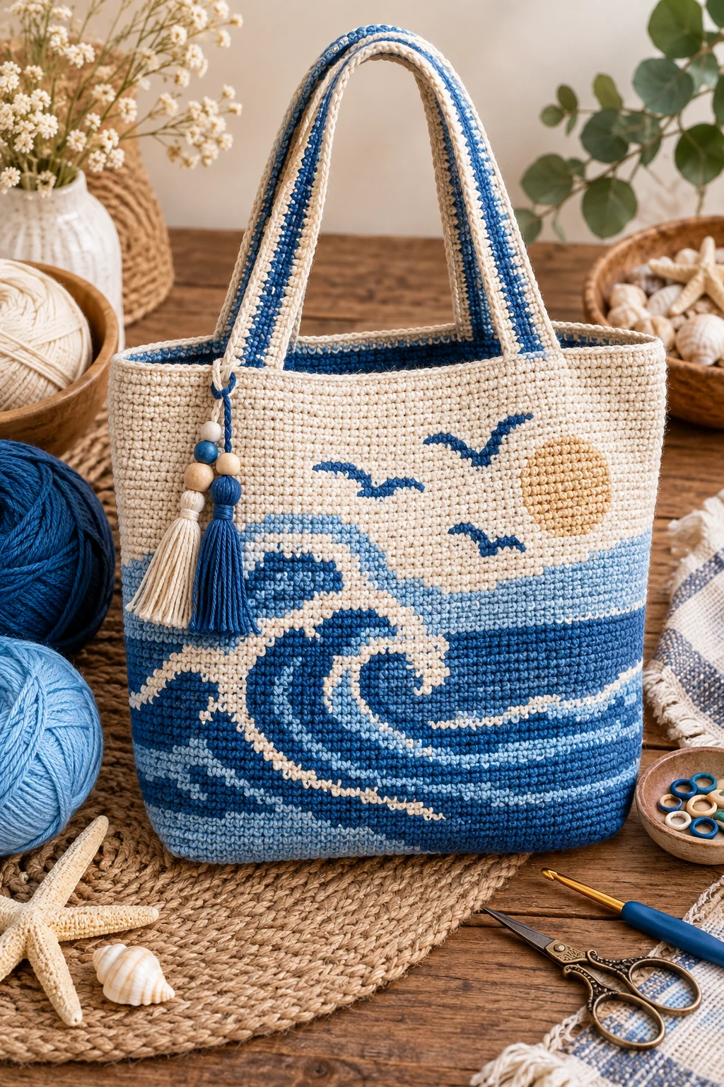 Coastal Blue Crochet Tapestry Tote — crochet tapestry bag style outfit