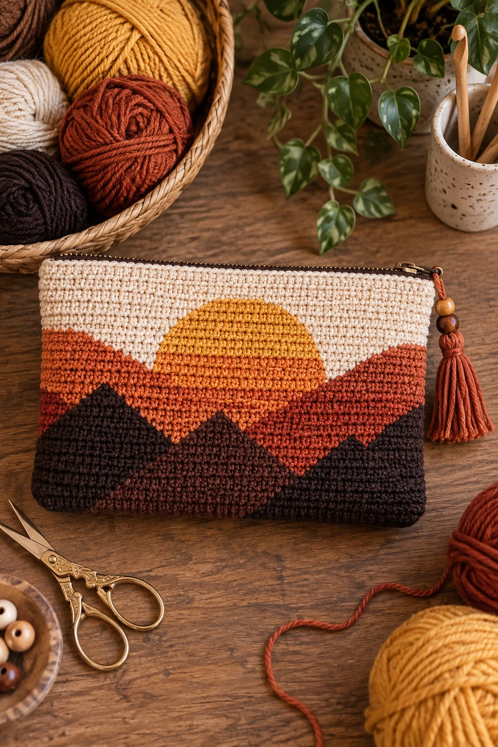 Geometric Sunset Pouch — crochet tapestry bag style outfit