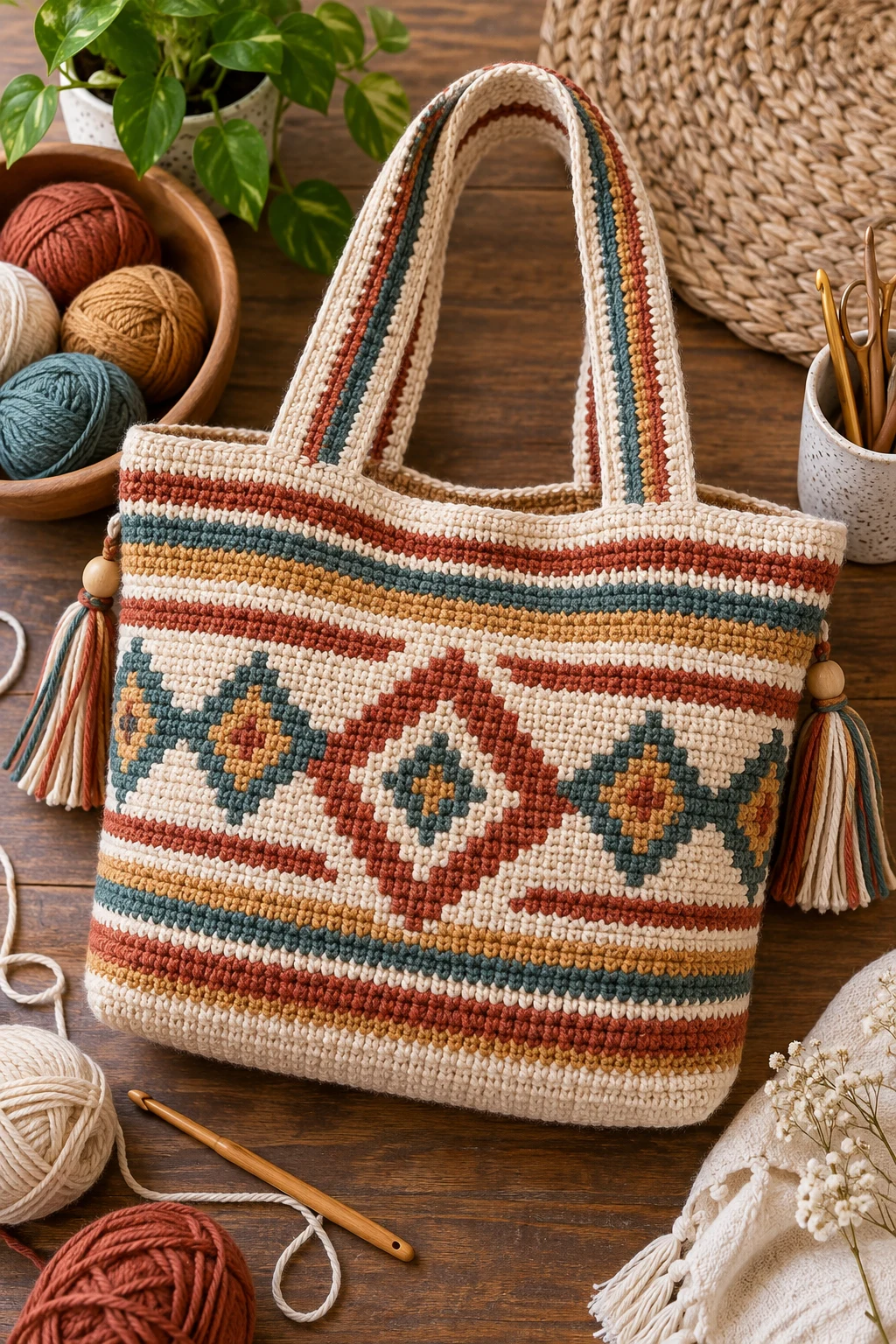 Boho Stripe and Diamond Bag — crochet tapestry bag style outfit