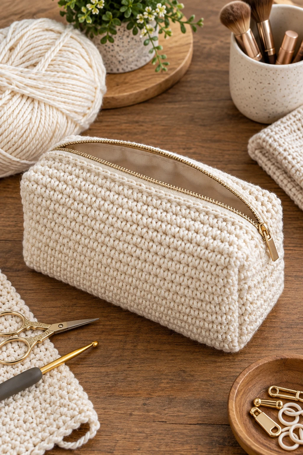Classic Cream Zip Pouch — crochet toiletry bag style outfit
