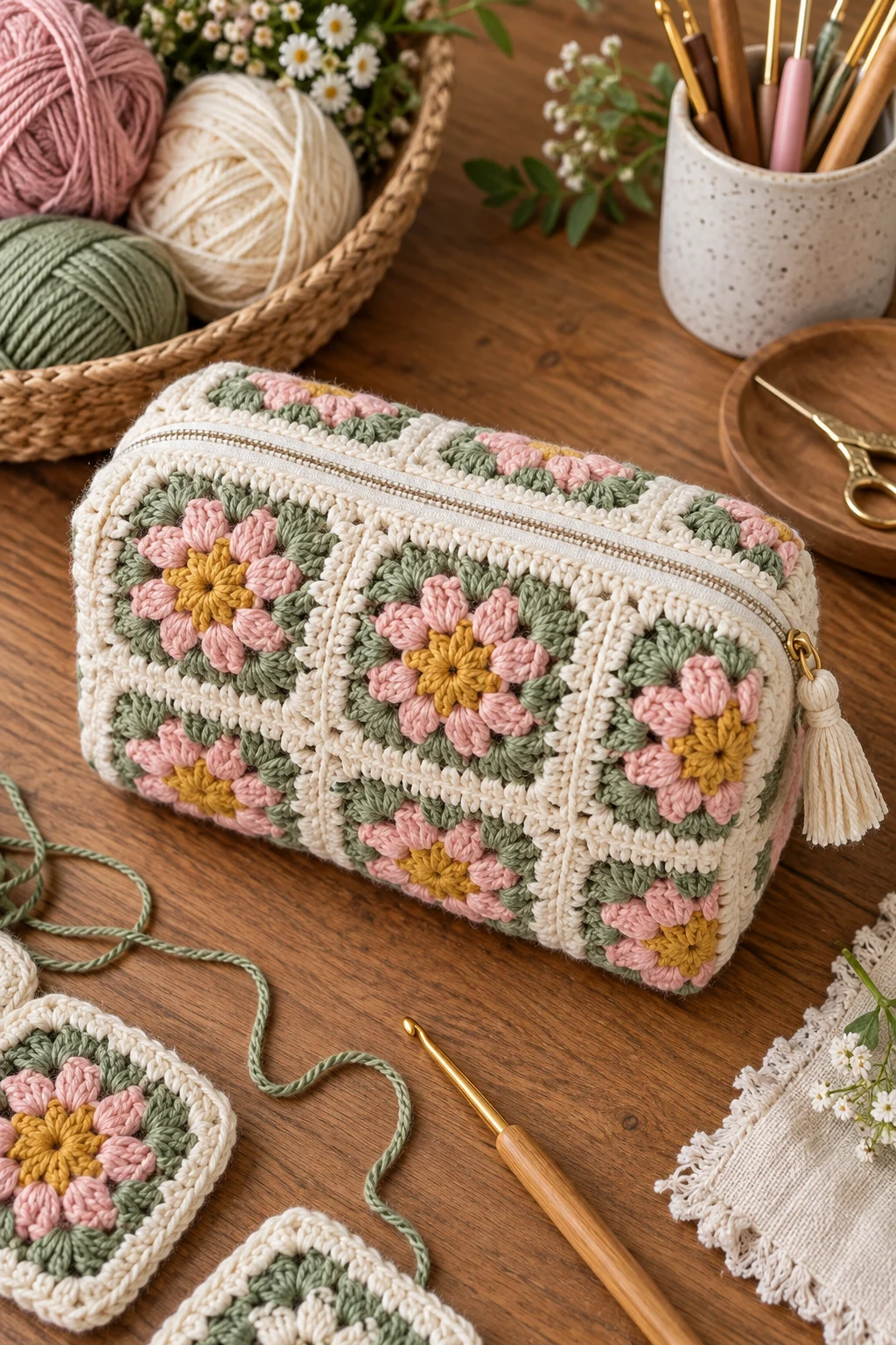 Granny Square Toiletry Pouch — crochet toiletry bag style outfit