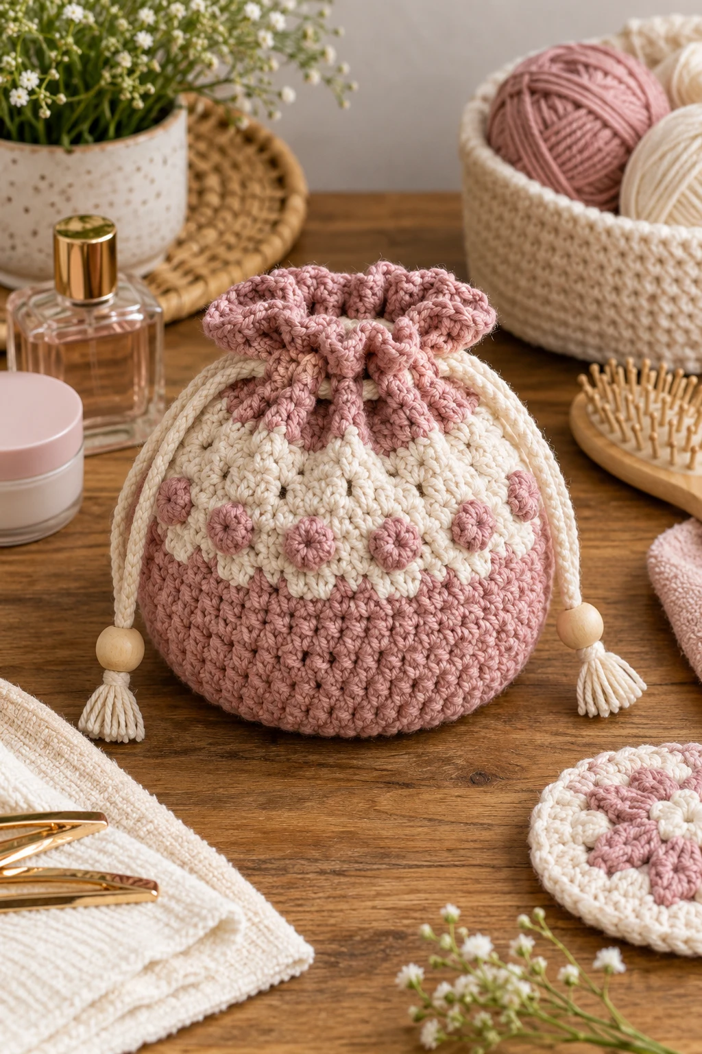 Round Drawstring Travel Bag — crochet toiletry bag style outfit