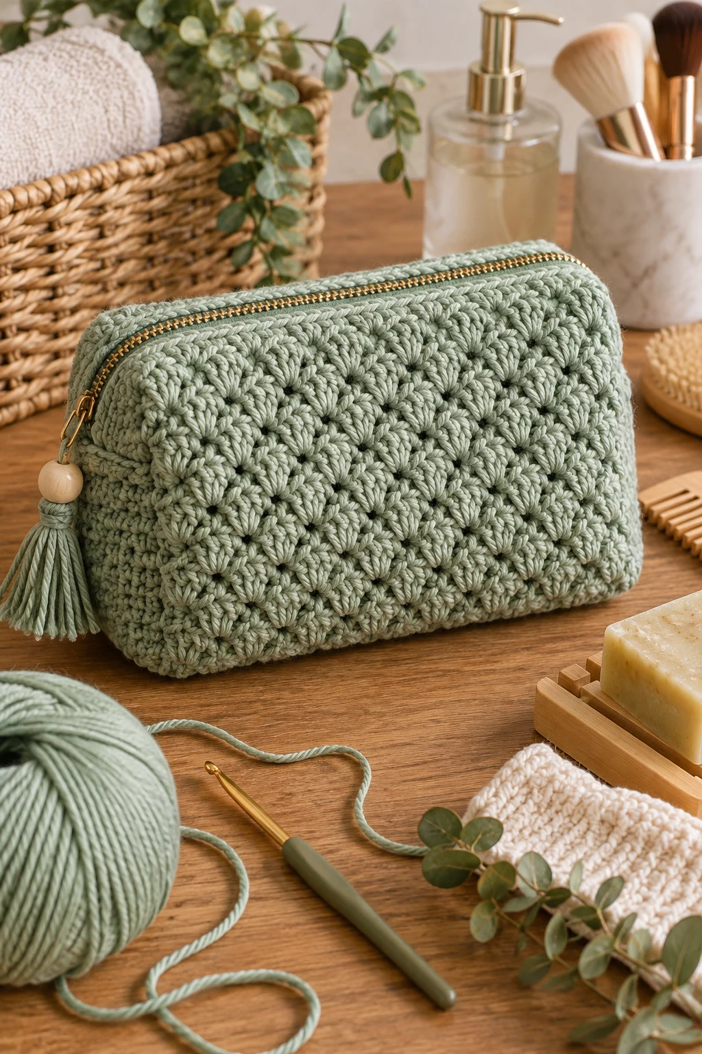 Sage Green Spa Pouch — crochet toiletry bag style outfit