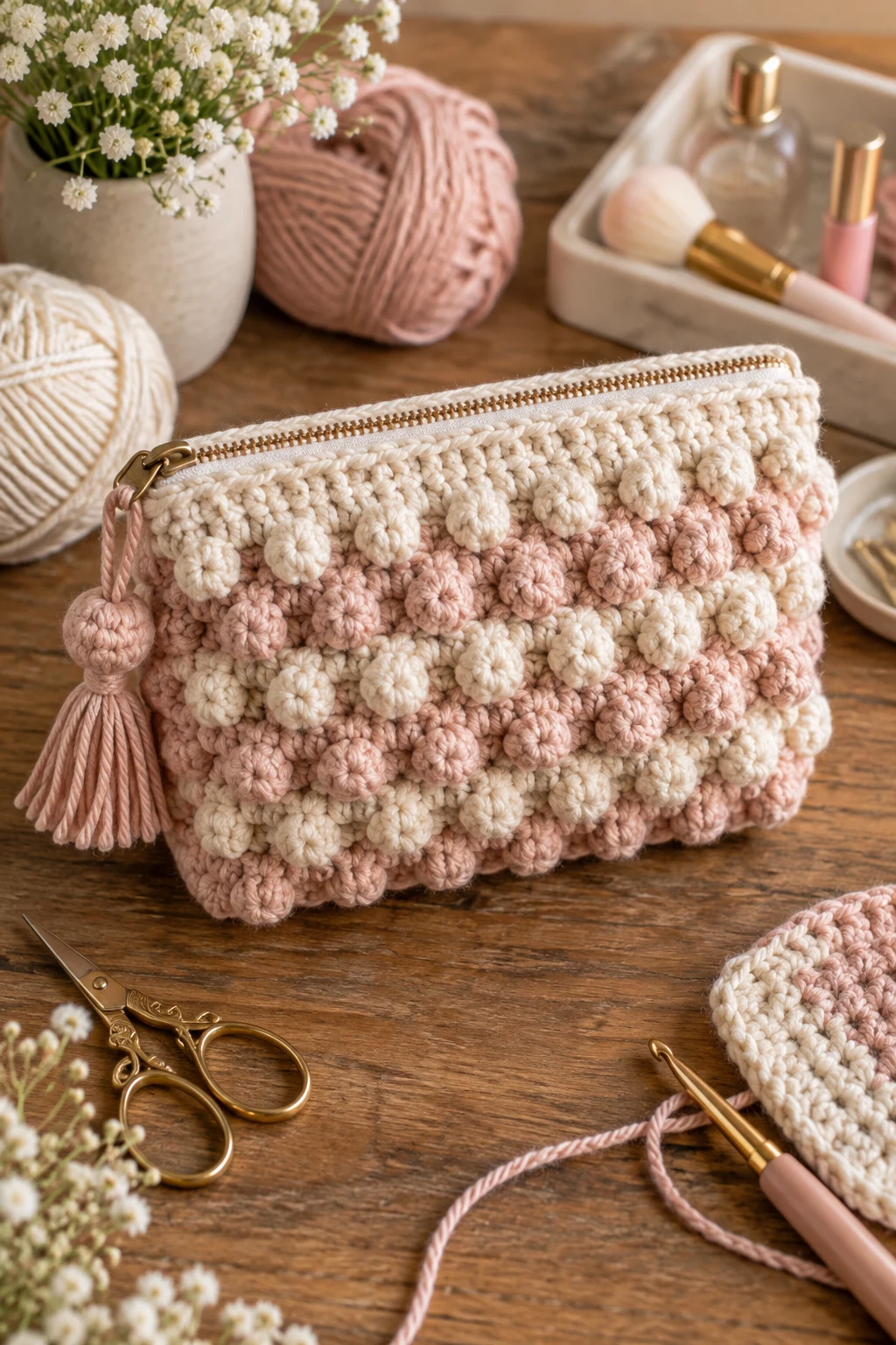 Textured Bobble Crochet Makeup Bag — crochet toiletry bag style outfit