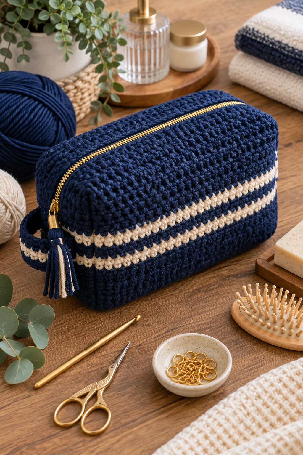 Navy Travel Organizer — crochet toiletry bag style outfit