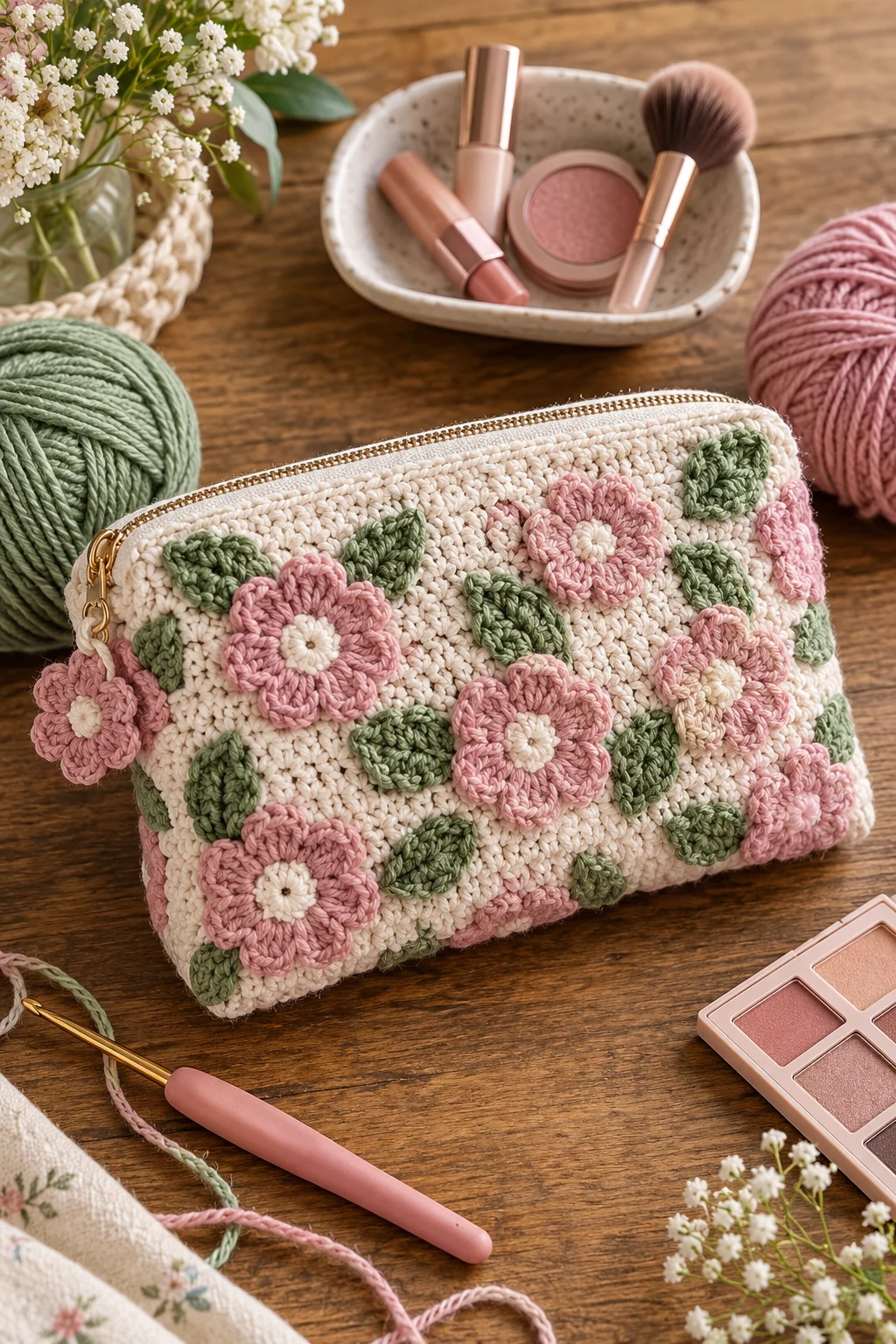 Floral Crochet Cosmetic Bag — crochet toiletry bag style outfit
