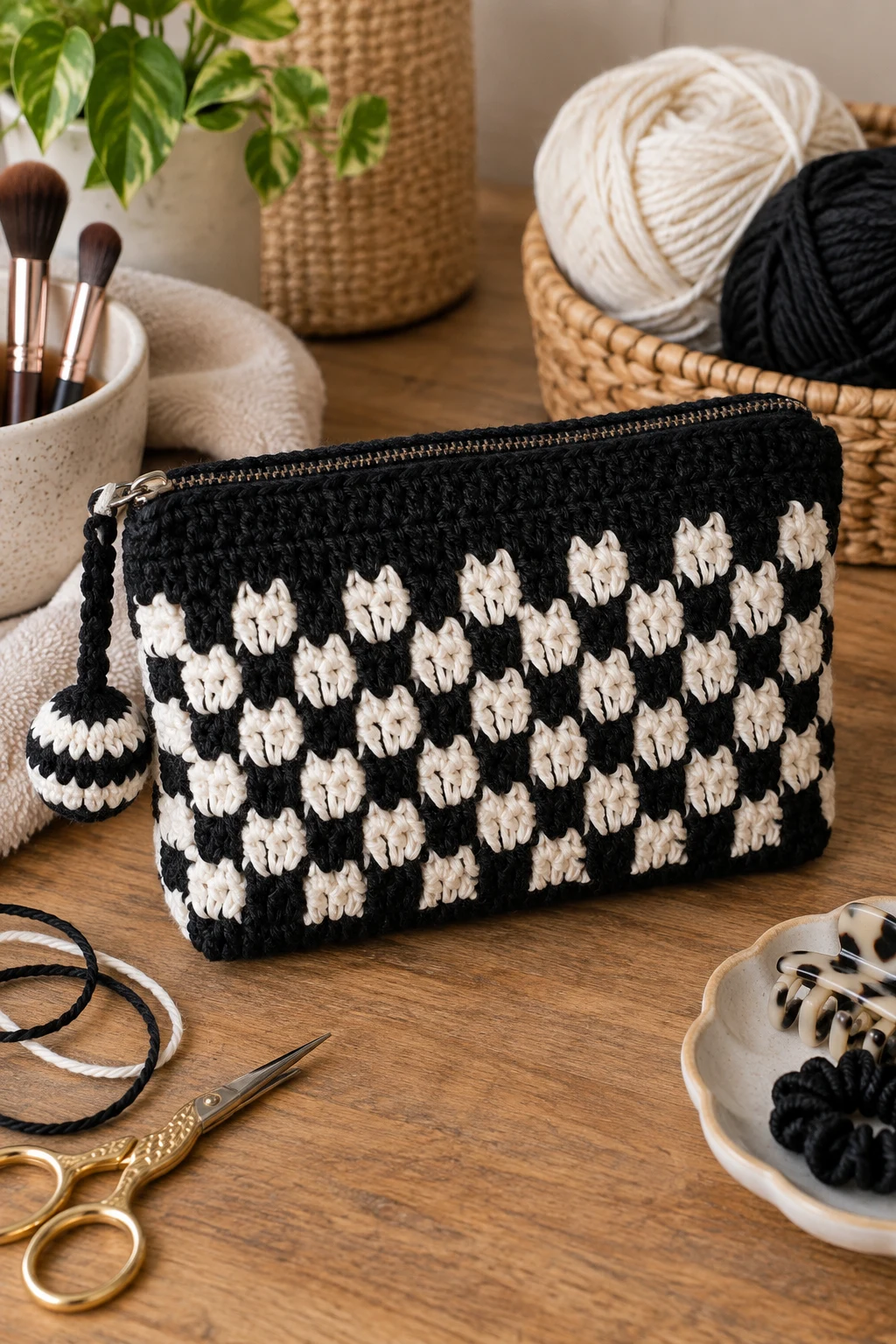 Black-and-White Modern Pouch — crochet toiletry bag style outfit