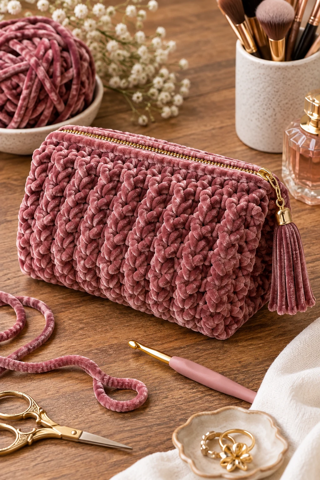 Velvet Luxury Pouch — crochet toiletry bag style outfit