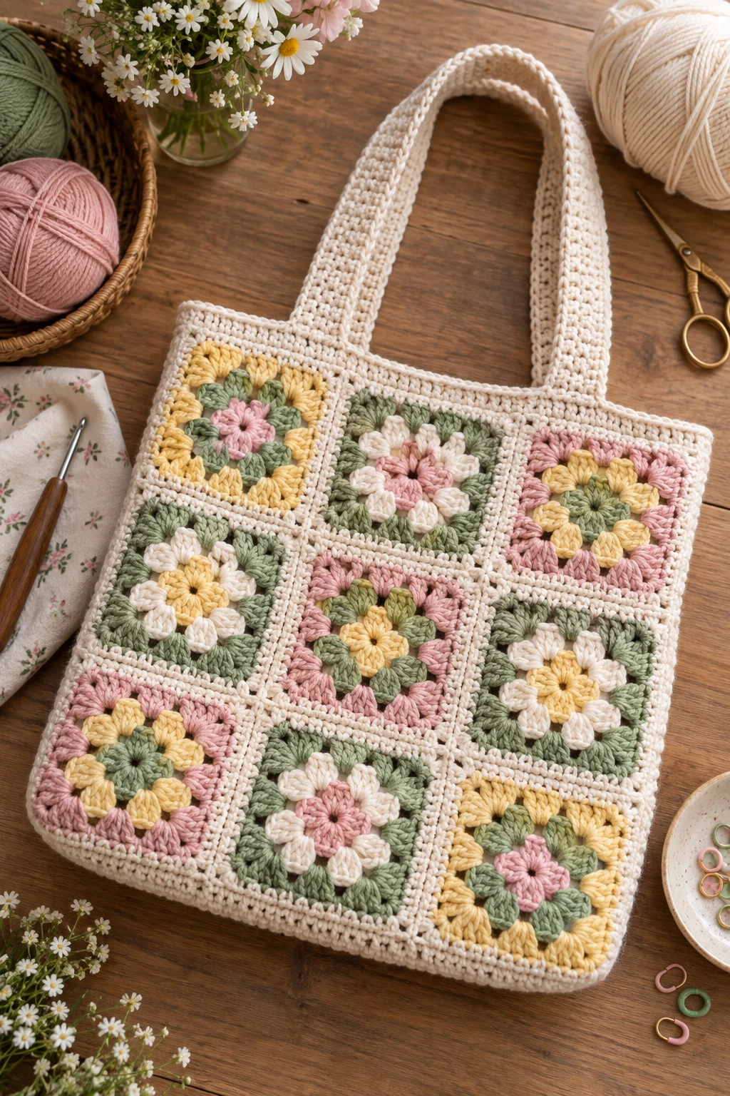Classic Garden-Party Granny Tote — crochet tote bag granny squares style outfit