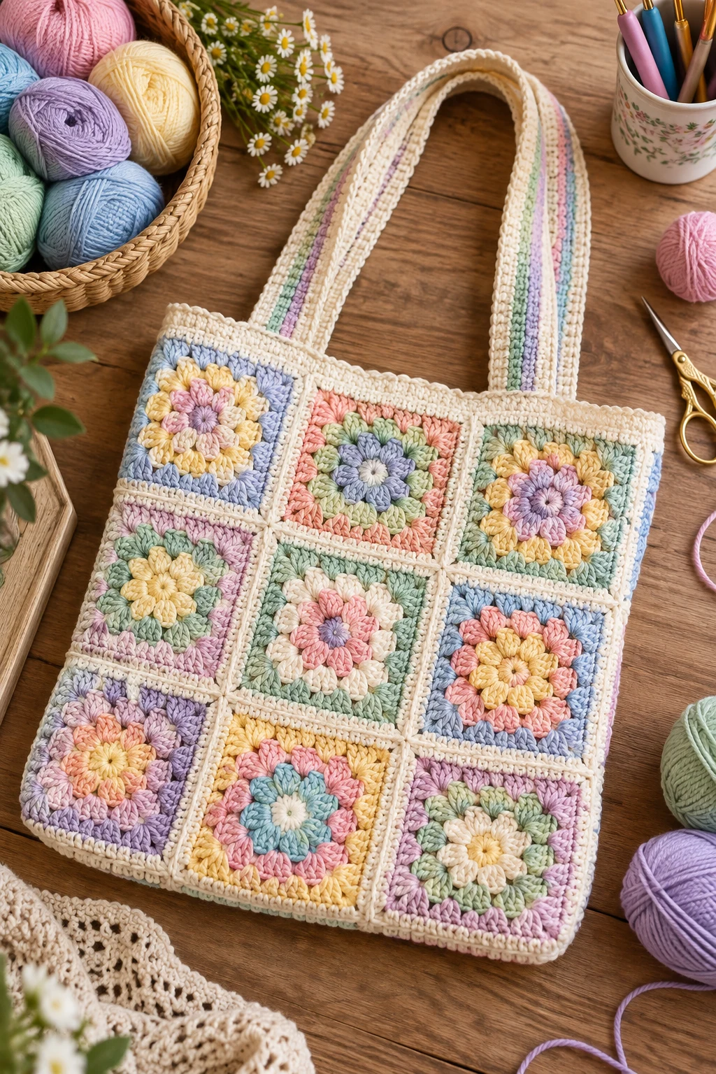 Patchwork Pastel Tote — crochet tote bag granny squares style outfit