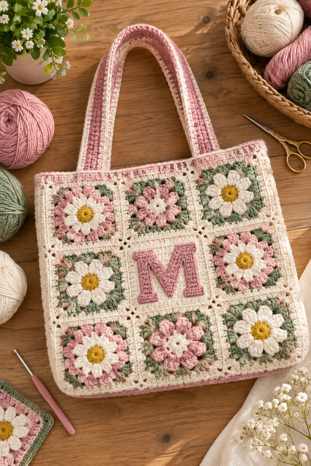 Monogrammed Granny Square Tote — crochet tote bag granny squares style outfit