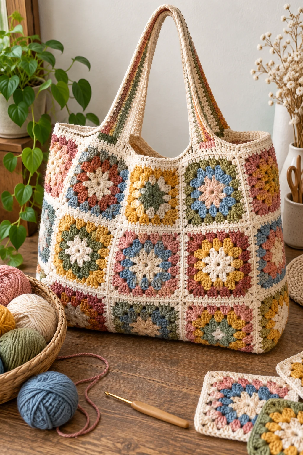 Free-Pattern-Inspired Oversized Granny Tote — crochet tote bag granny squares style outfit