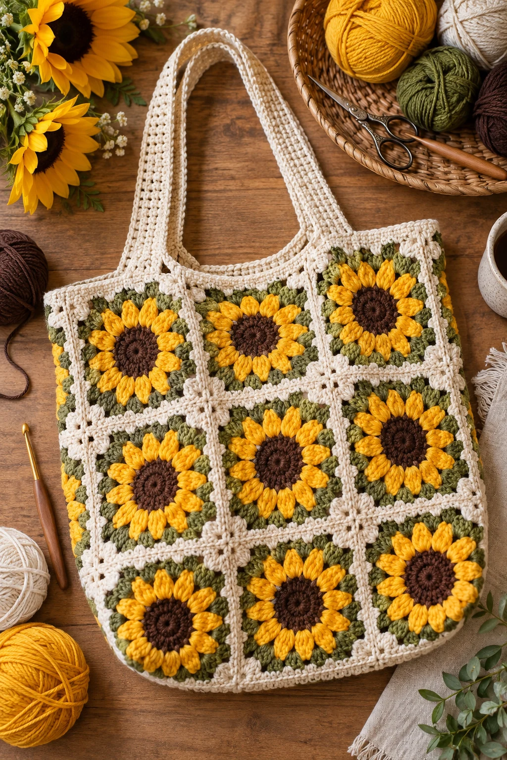 Sunflower Center Market Bag — crochet tote bag granny squares style outfit