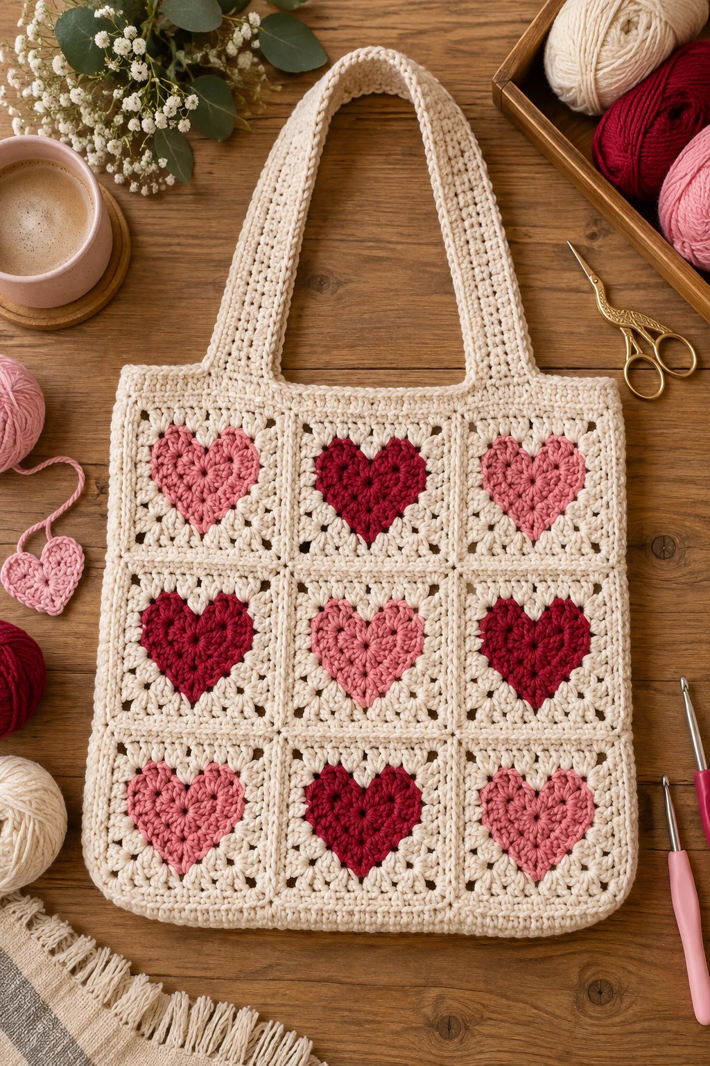 Heart-Motif Granny Square Tote — crochet tote bag granny squares style outfit