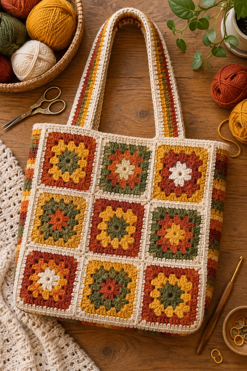 Retro ’70s Color-Block Tote — crochet tote bag granny squares style outfit