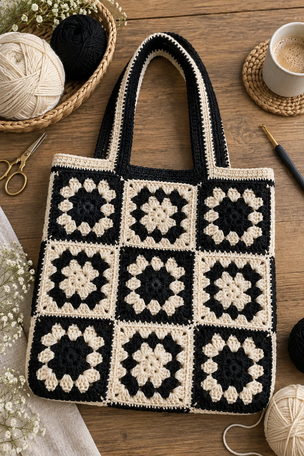 Minimalist Black-and-Ecru Tote — crochet tote bag granny squares style outfit