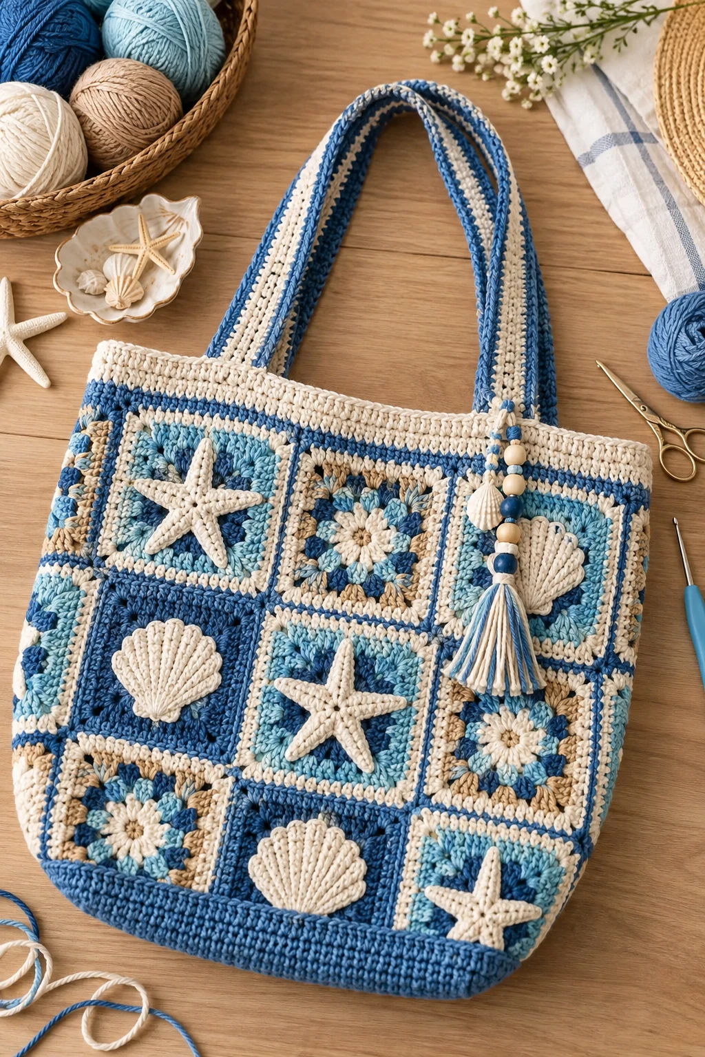 Coastal Blue Beach Tote — crochet tote bag granny squares style outfit