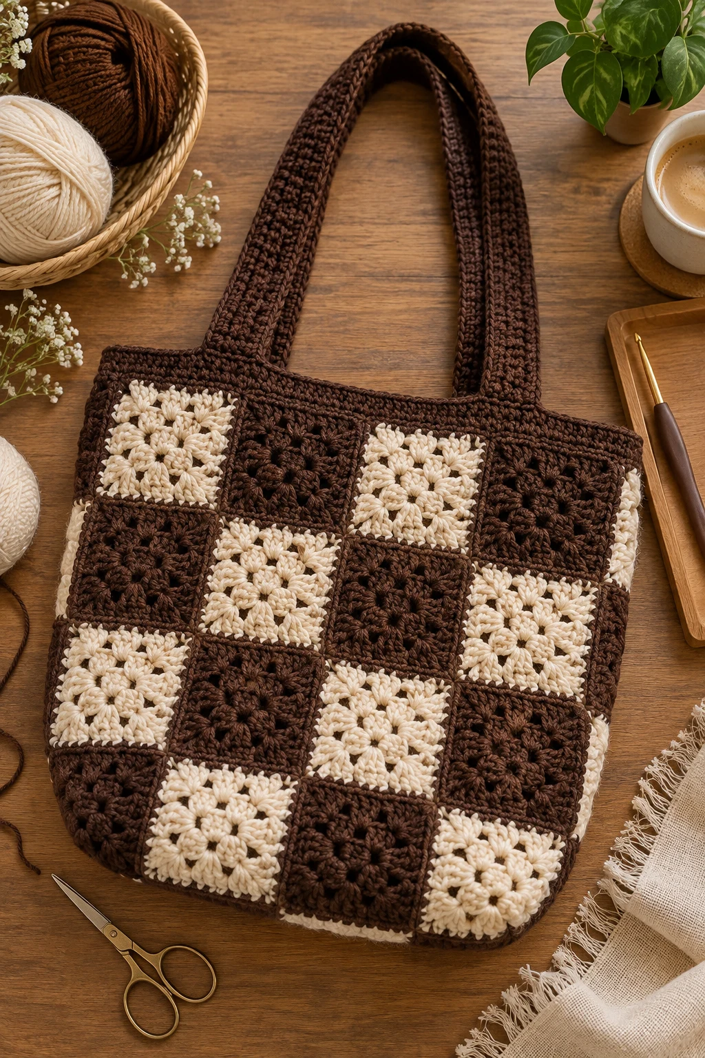 Checkerboard Chocolate Tote — crochet tote bag granny squares style outfit