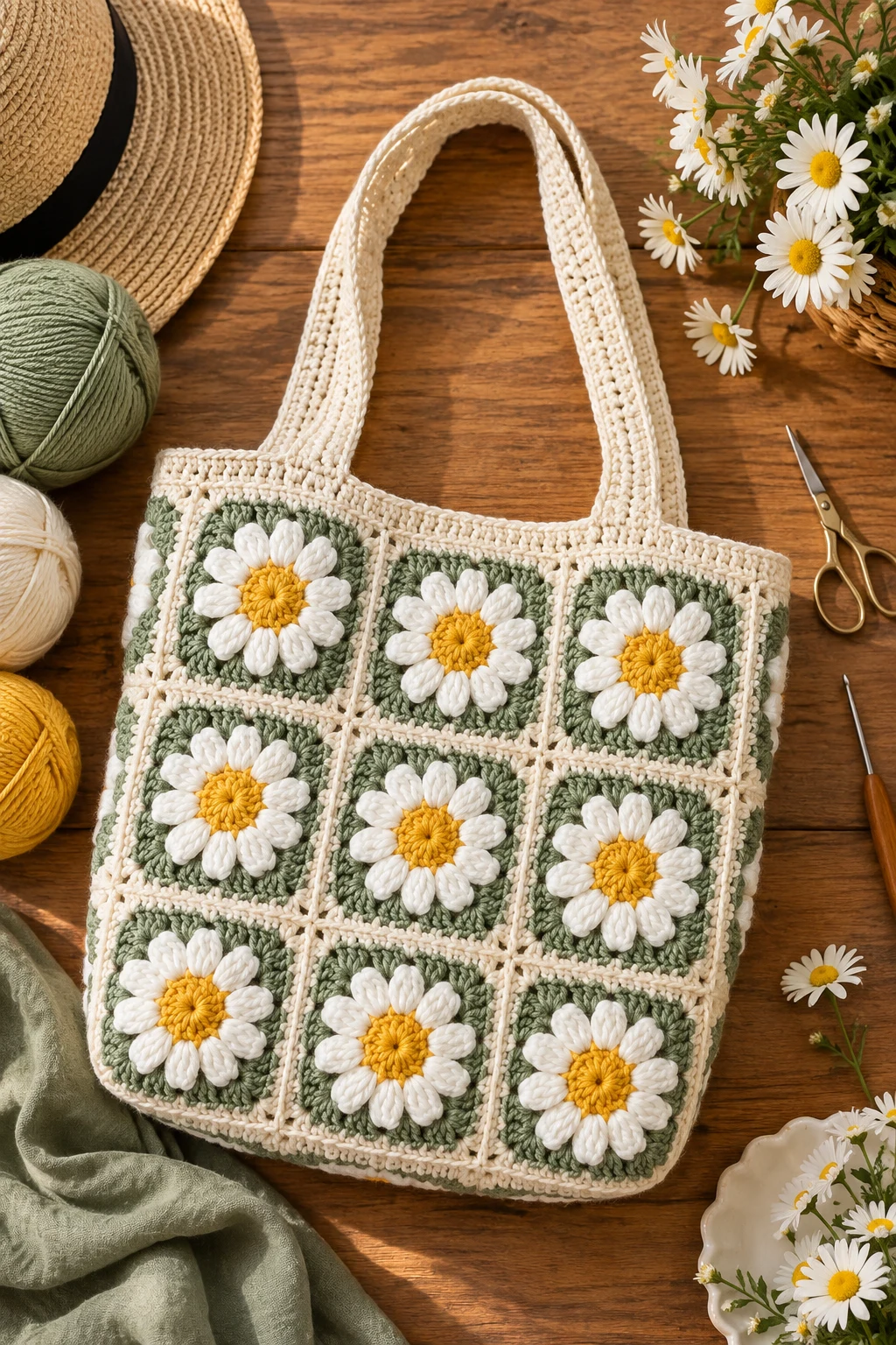 Daisy Pop Summer Tote — crochet tote bag granny squares style outfit