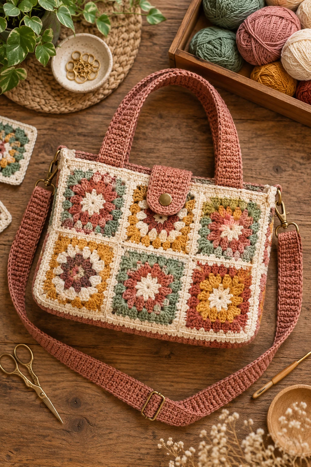 Crochet Messenger-to-Tote Hybrid — crochet tote bag granny squares style outfit