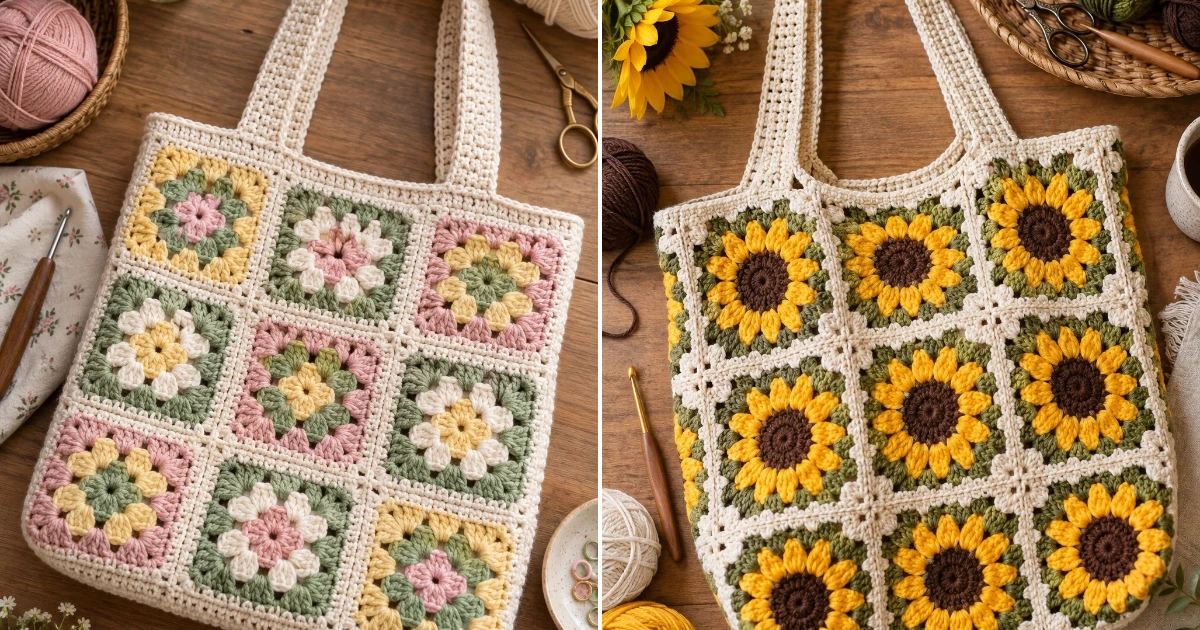 Crochet tote bag granny squares: 12 Beautiful DIY crochet tote bag granny squares