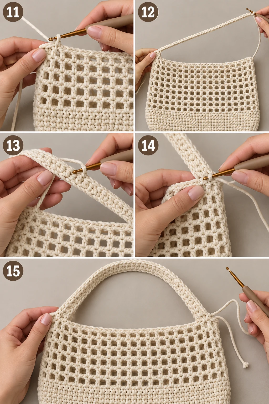 Steps 11–15 — crochet tote bag tutorials