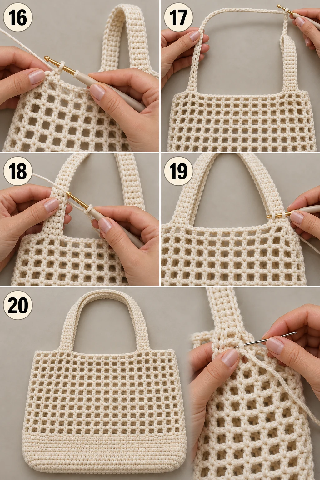 Steps 16–20 — crochet tote bag tutorials