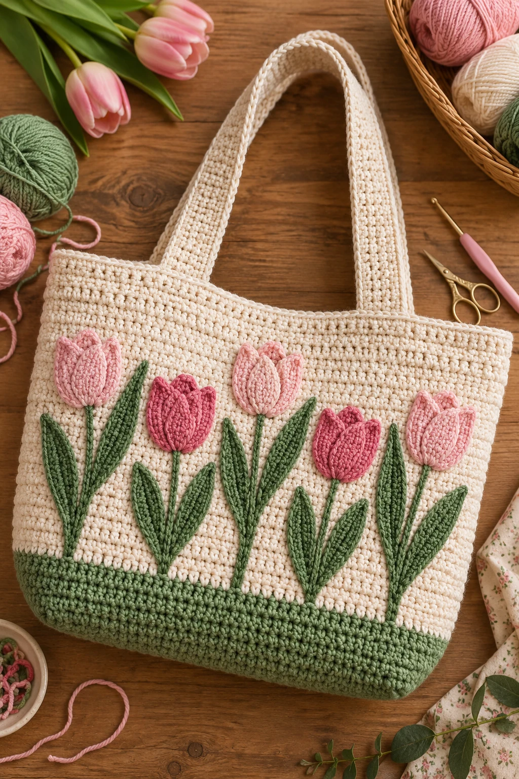 Tulip Tote With Embroidered Flowers — crochet tulip bag style outfit