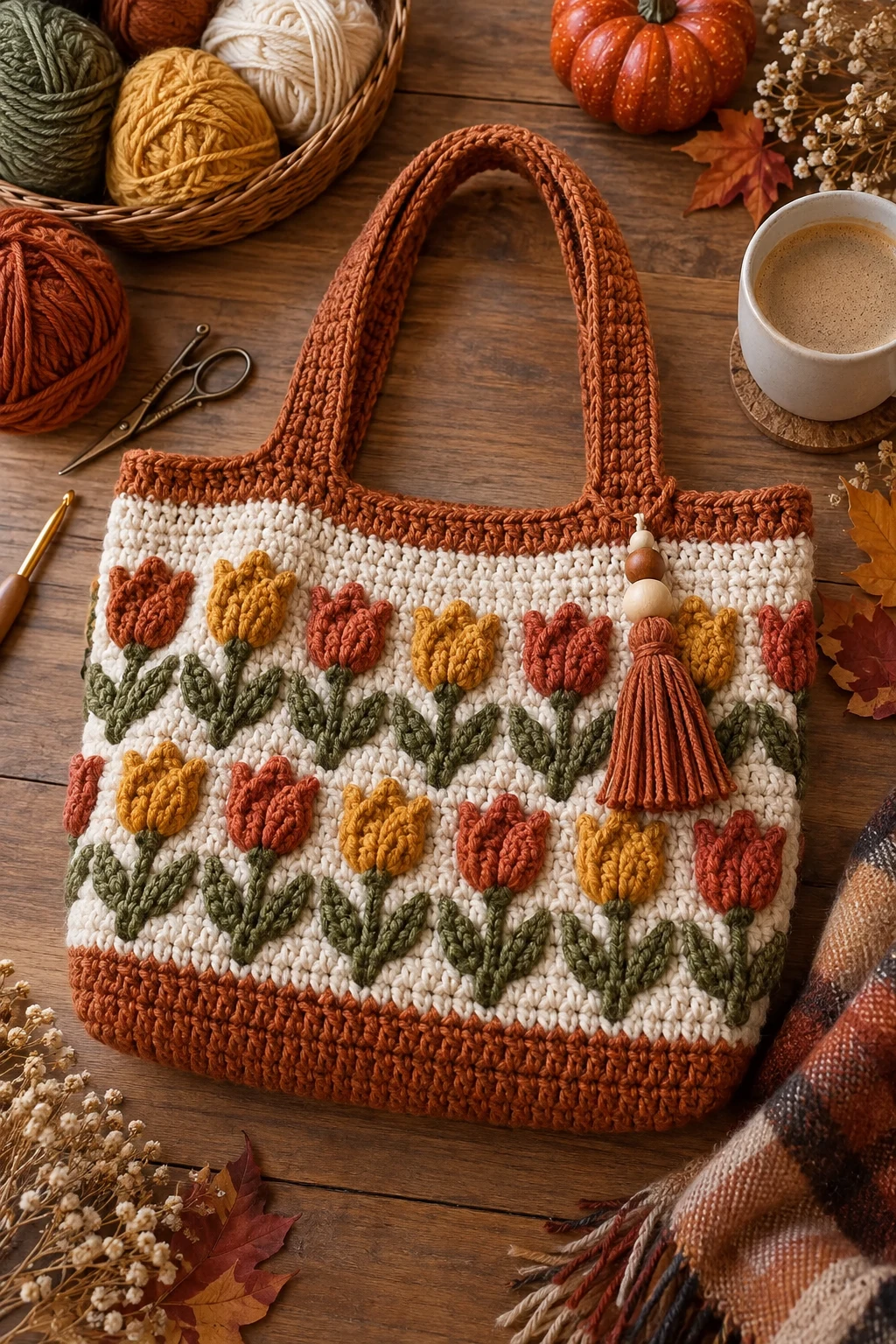 Cozy Autumn Tulip Bag — crochet tulip bag style outfit