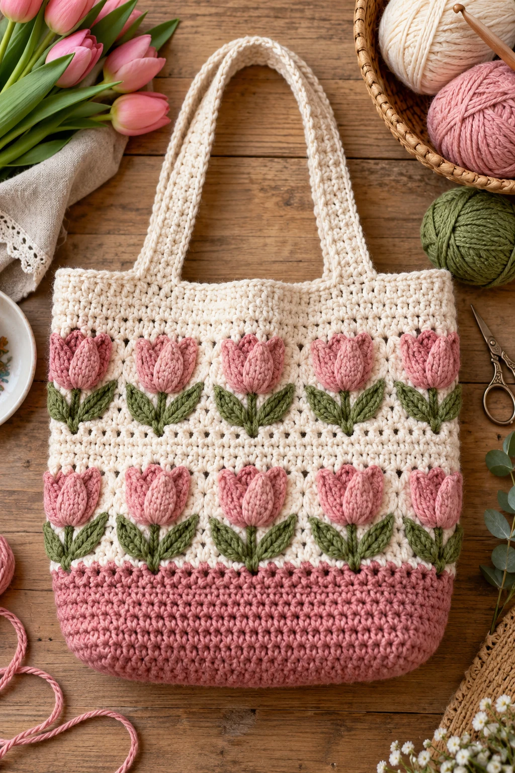 Two-Tone Tulip Market Tote — crochet tulip bag style outfit