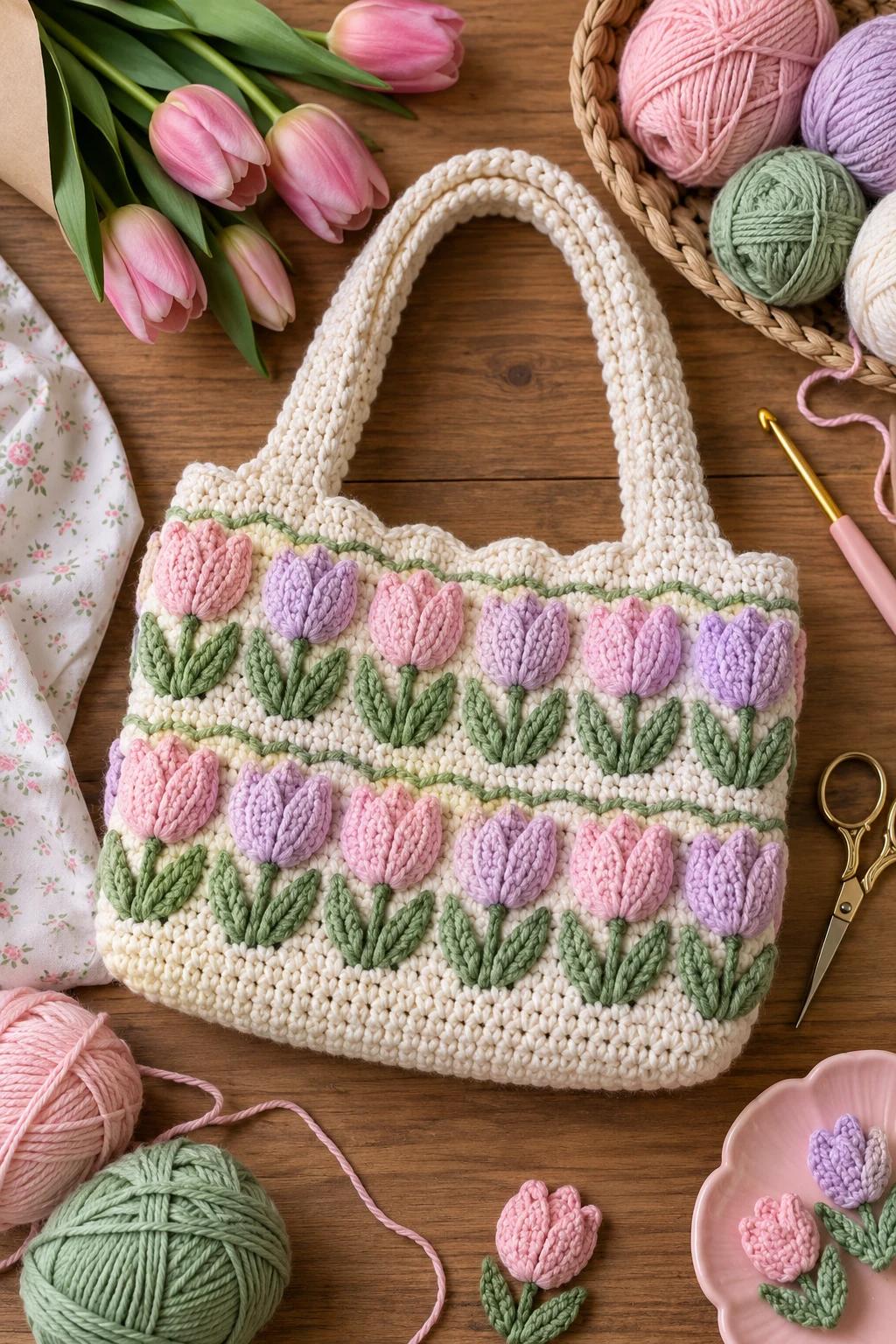 Pastel Tulip Bag for Spring — crochet tulip bag style outfit
