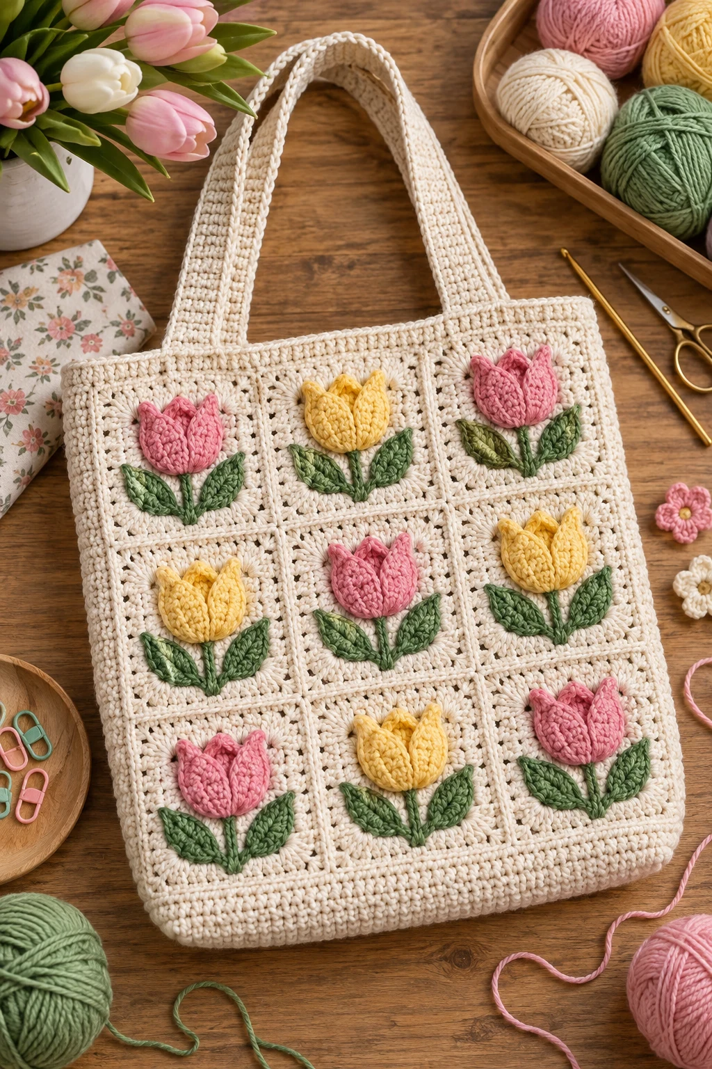 Tulip Patchwork Tote — crochet tulip bag style outfit