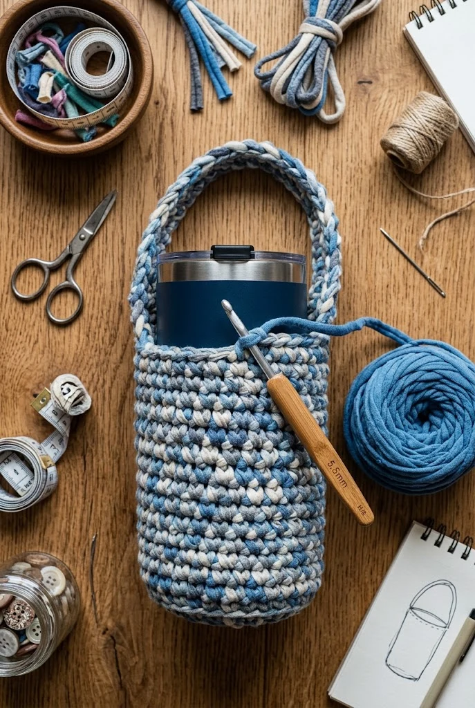 Eco-Friendly Upcycled T-Shirt Yarn Carrier — crochet tumbler bag style outfit