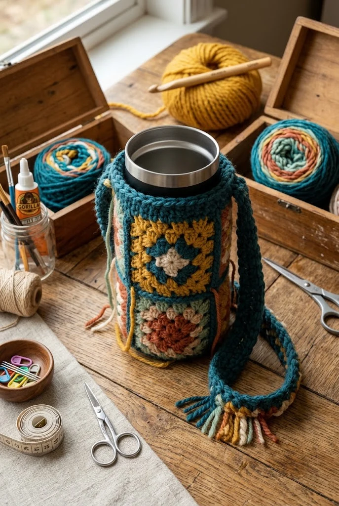 Chunky Granny Square Crochet Tumbler Bag Design — crochet tumbler bag style outfit
