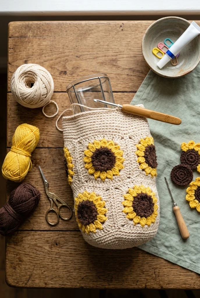 Sunflower Patch Crochet Bottle Bag — crochet tumbler bag style outfit