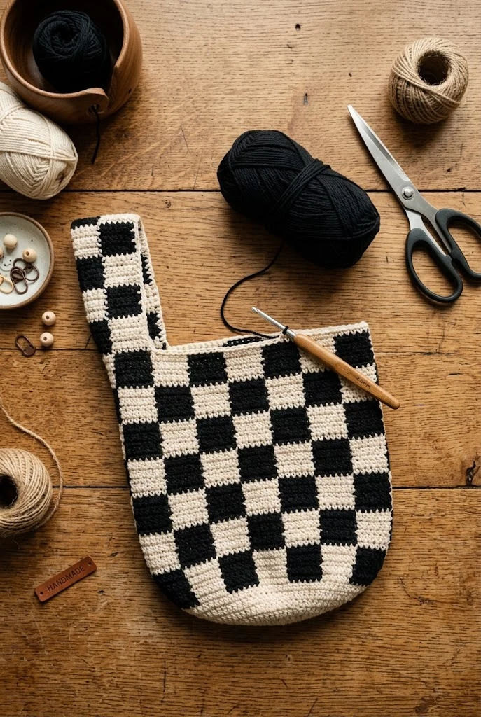 Retro Checkerboard Crochet Tumbler Bag Price-Saver — crochet tumbler bag style outfit