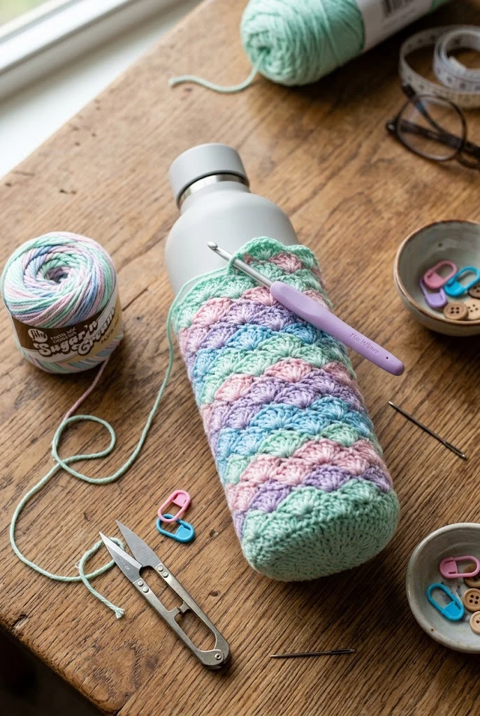 Shell Stitch Pastel Water Bottle Pouch — crochet tumbler bag style outfit