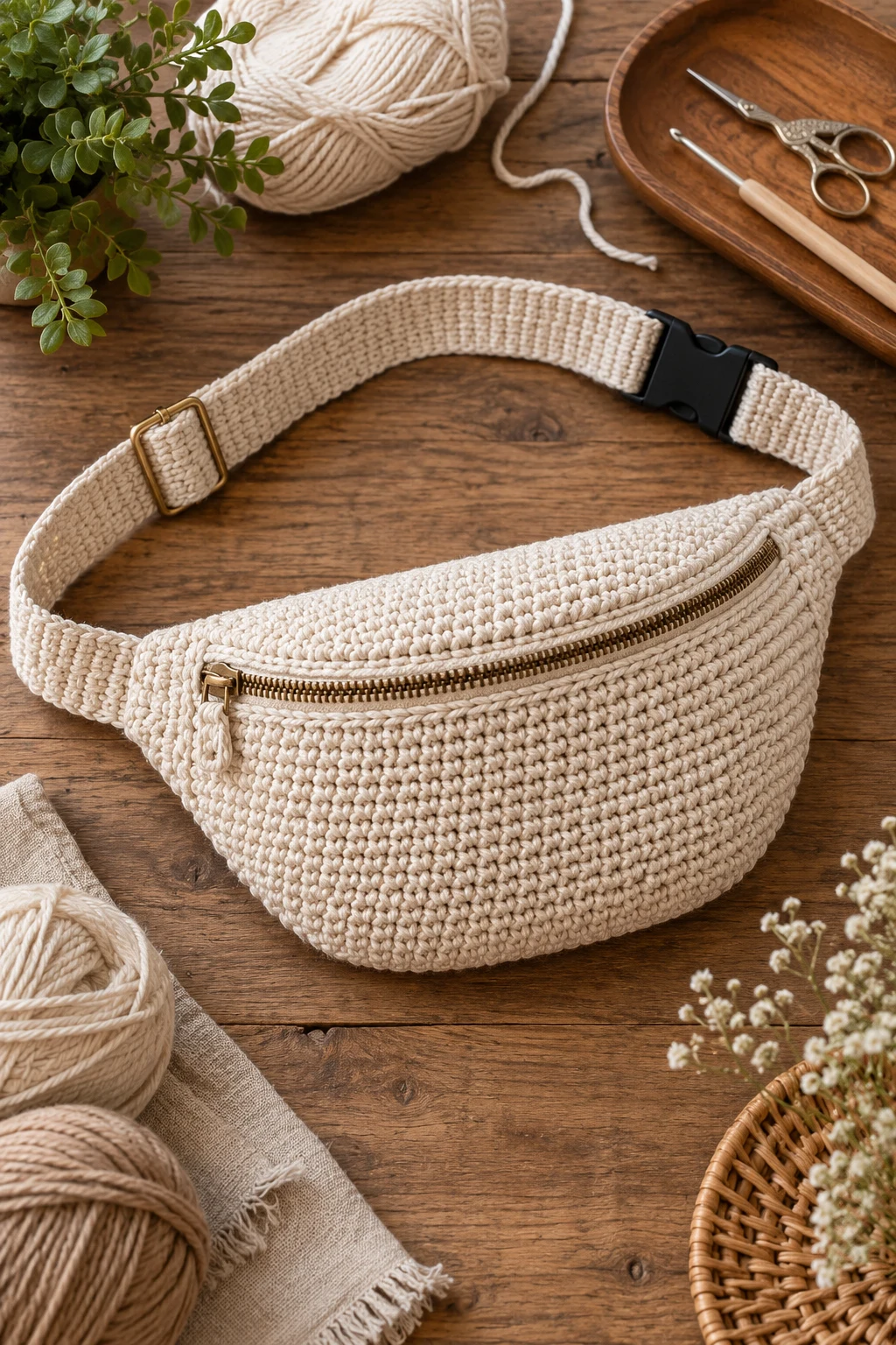 Classic Neutral Crochet Waist Bag — crochet waist bag style outfit