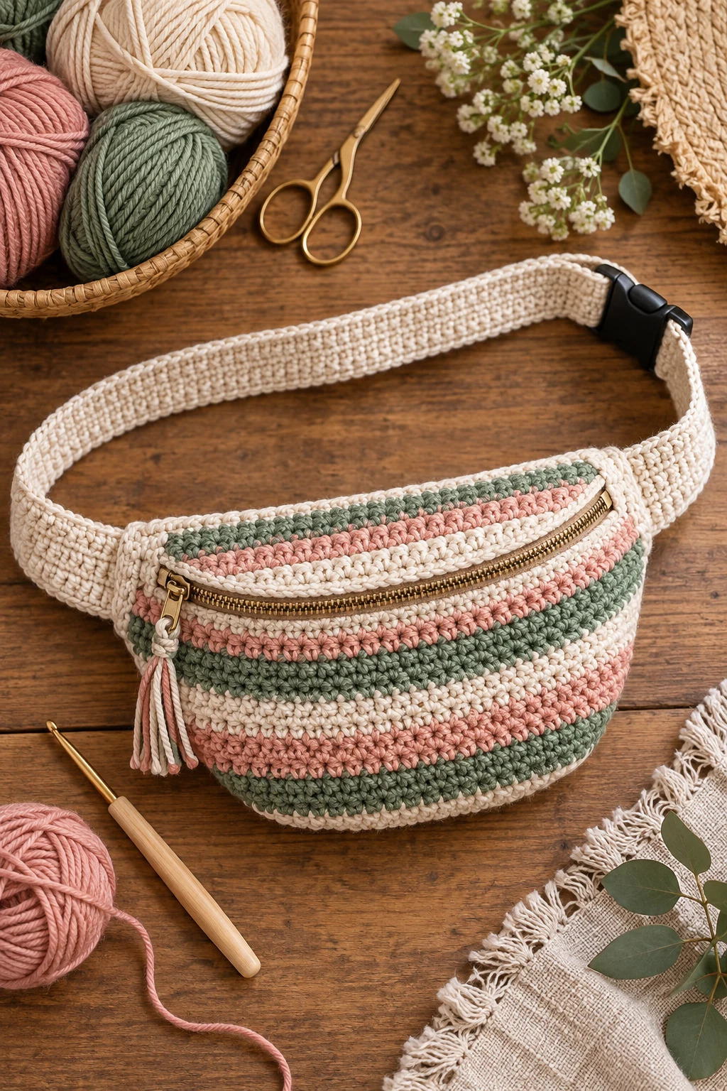 Striped Summer Crochet Belt Bag — crochet waist bag style outfit
