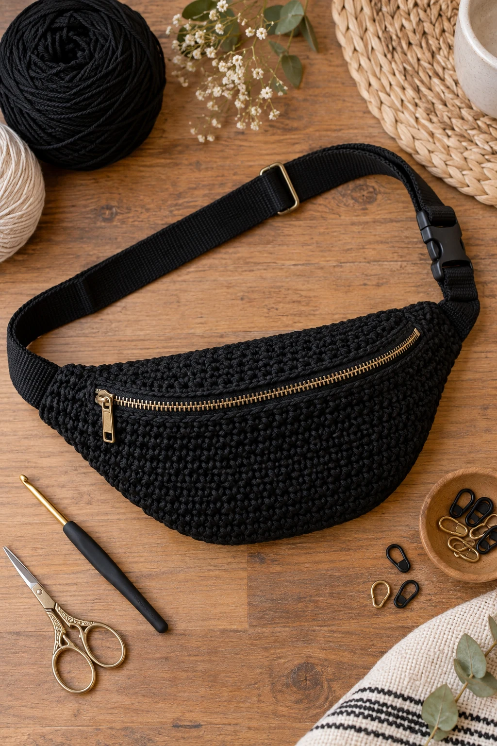Minimalist Black Crochet Fanny Bag — crochet waist bag style outfit