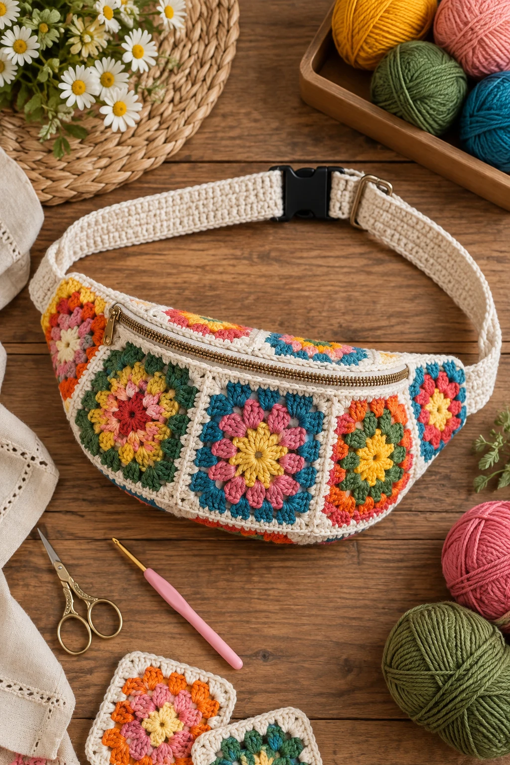 Colorful Granny Square Waist Bag — crochet waist bag style outfit