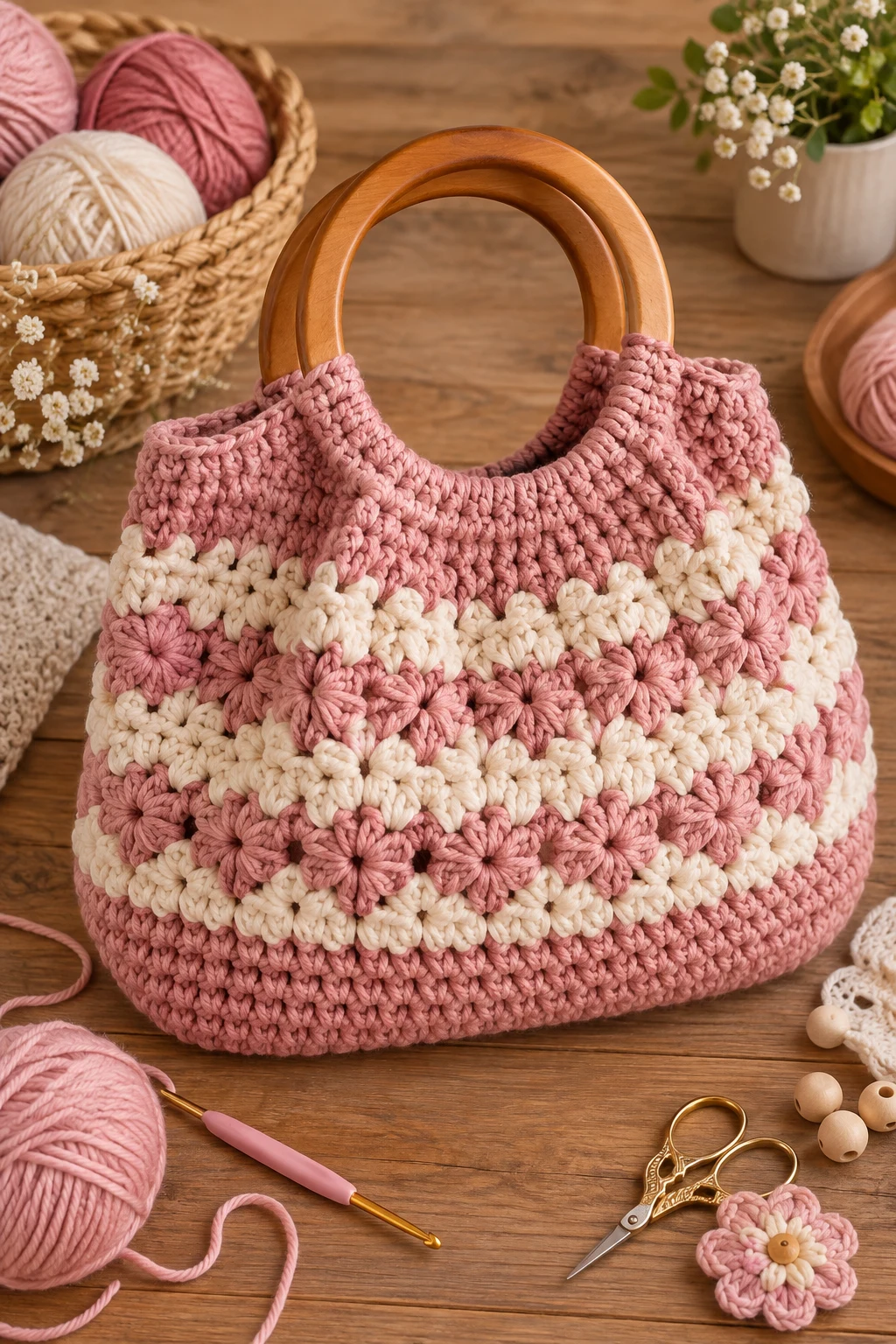 Crochet Yarn Bag With Wooden Handles — crochet yarn bag style outfit