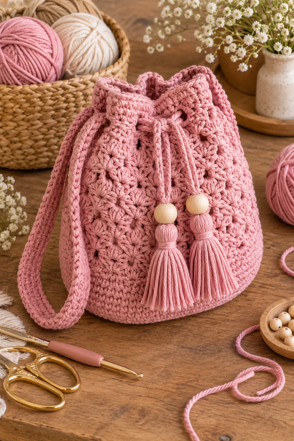 Drawstring Crochet Yarn Bag — crochet yarn bag style outfit