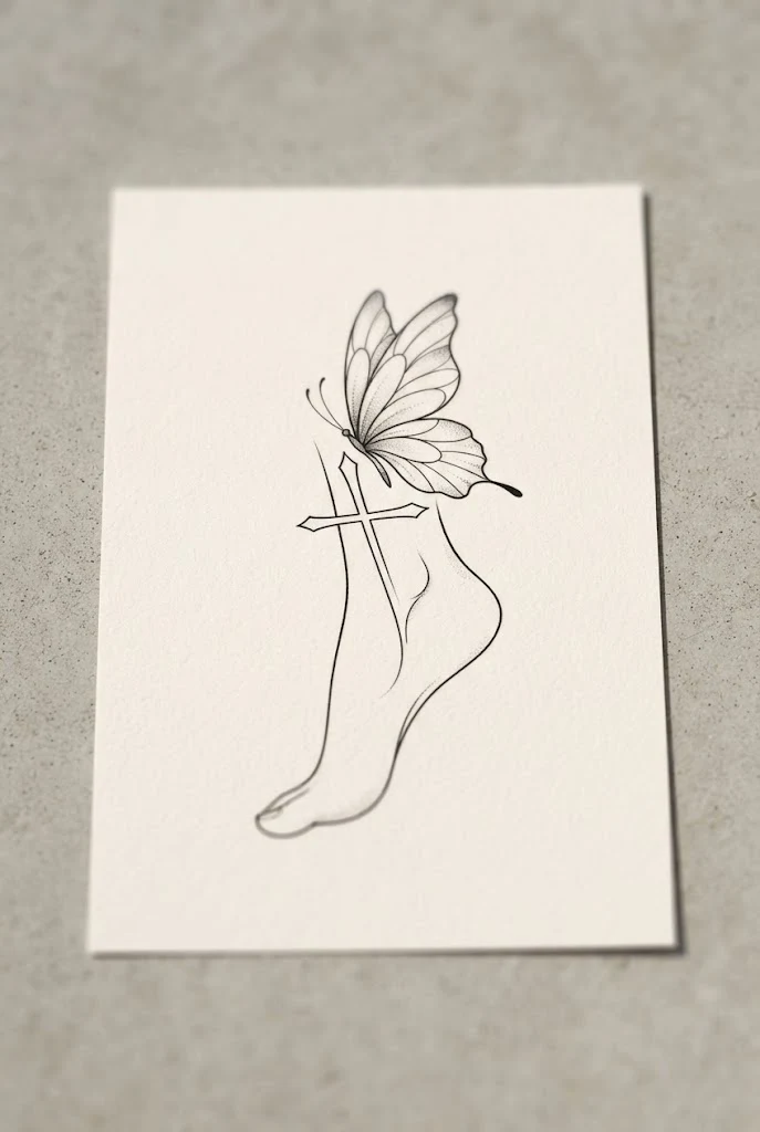 Foot Arch Outline — cross with butterfly tattoo style outfit