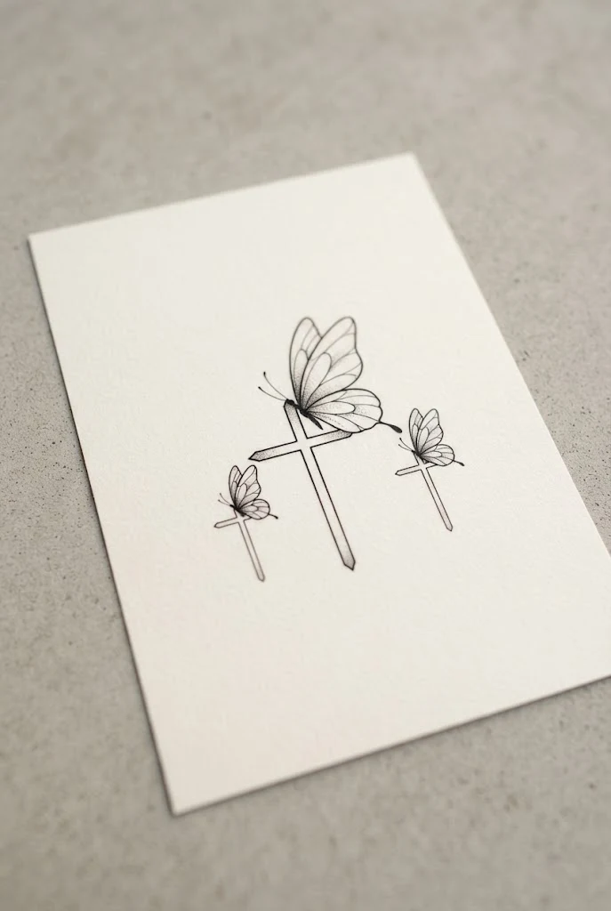 Collarbone Flutter Trio — cross with butterfly tattoo style outfit