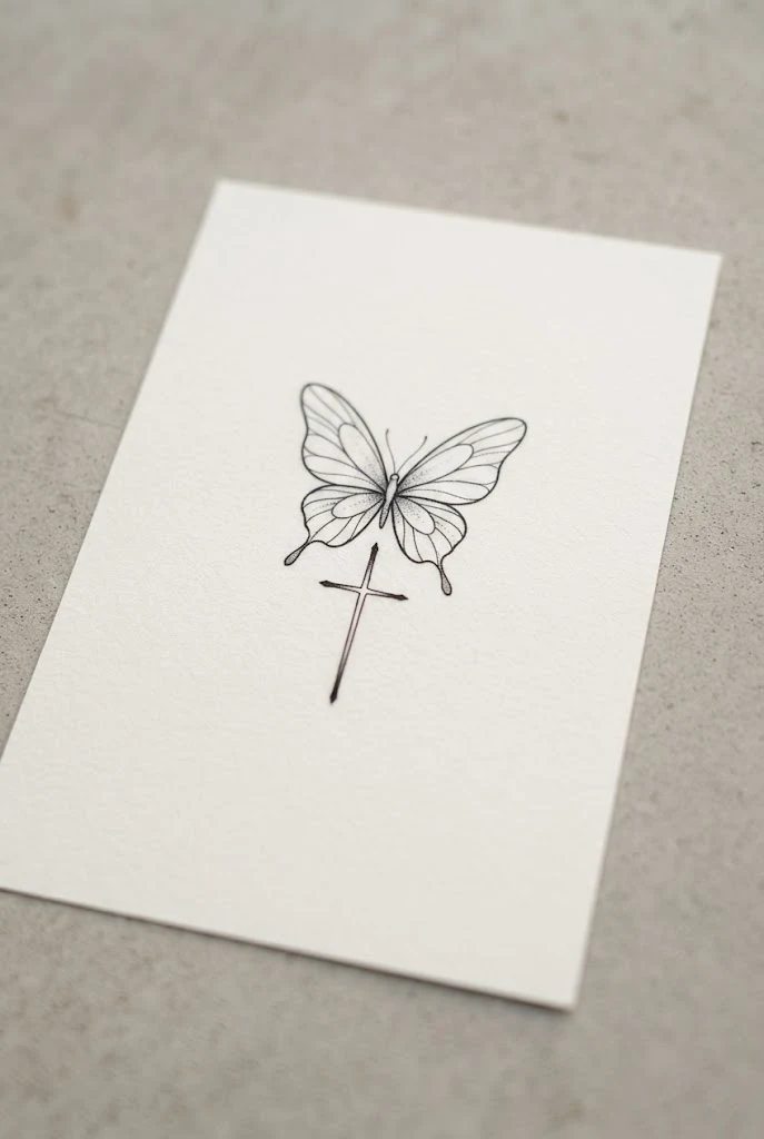 Behind-the-Ear Devotion — cross with butterfly tattoo style outfit