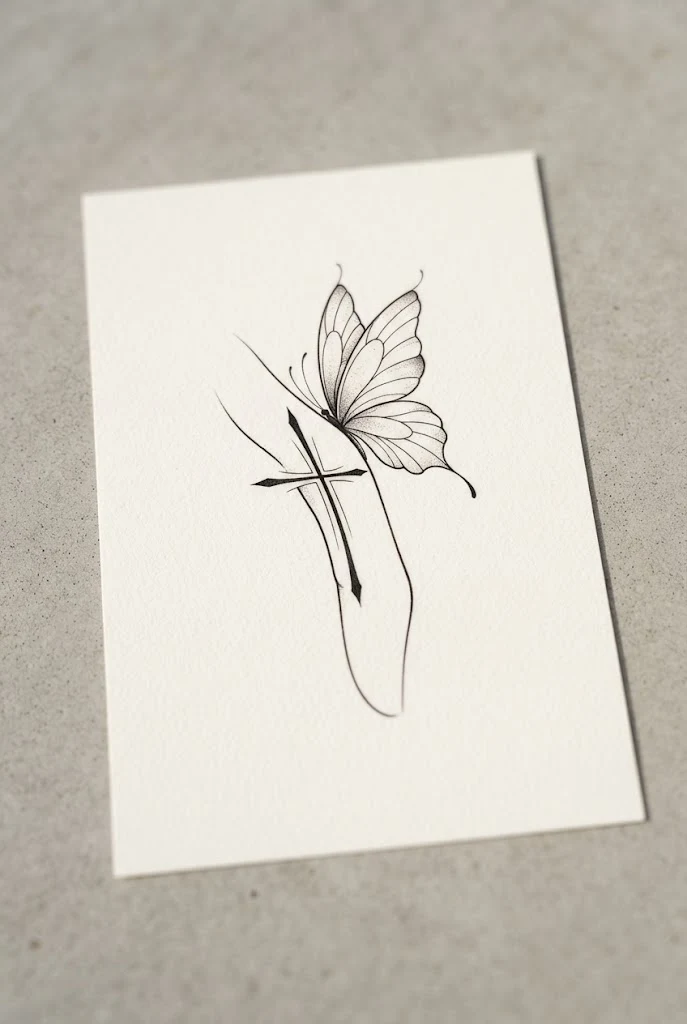 Finger Contour Arch — cross with butterfly tattoo style outfit
