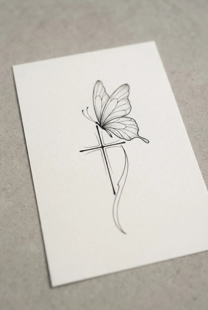 Shoulder Blade Migration — cross with butterfly tattoo style outfit