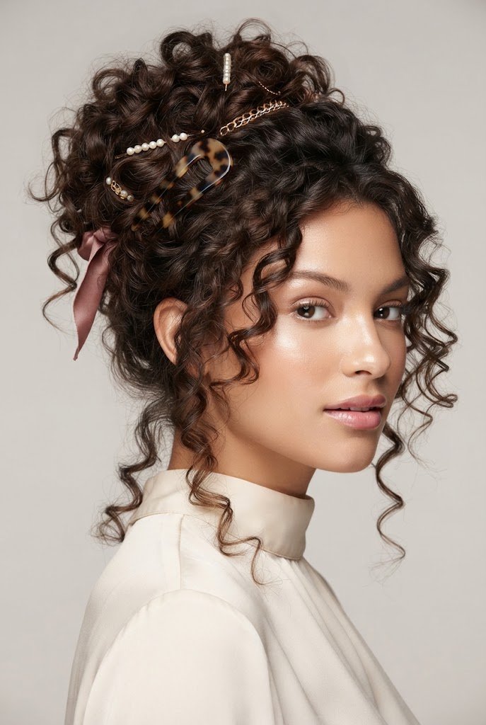 Accessory-Loaded Curly Updo — curls hair hairstyles style outfit
