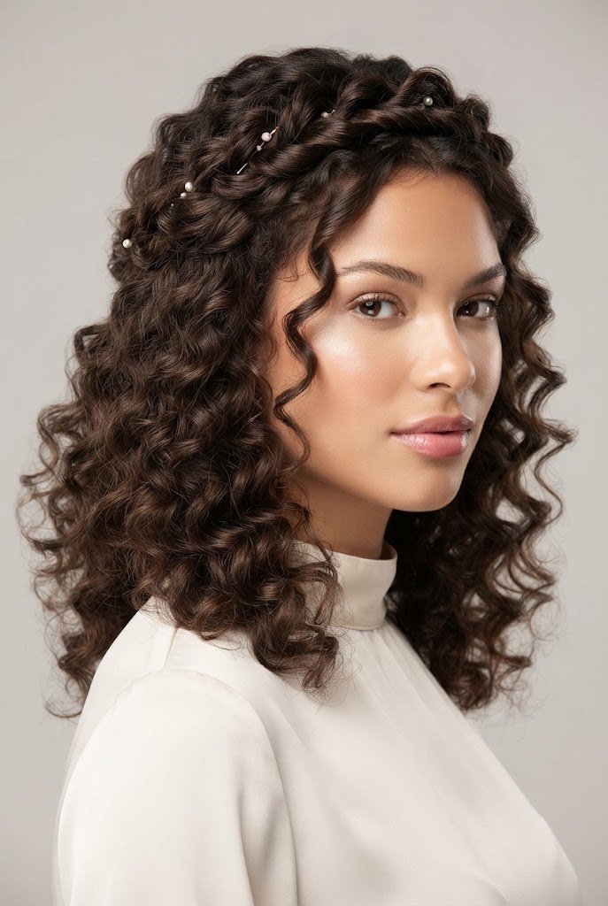 Romantic Half-Up Twisted Crown — curls hair hairstyles style outfit